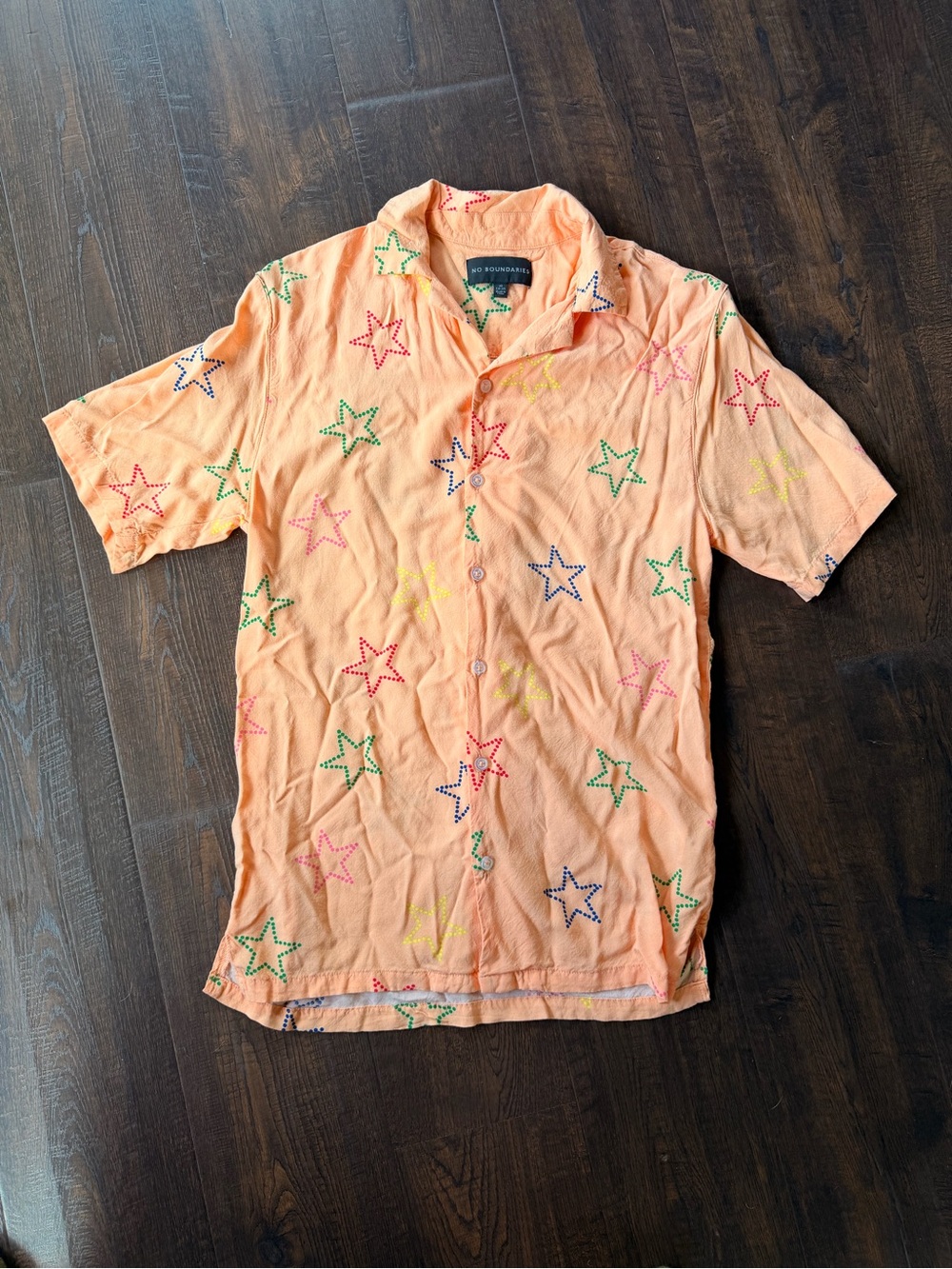 No Boundaries Peach Short Sleeve Button-Up with Multicolor Star Embroidery